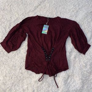 Tresics Women's Trendy Basic Junior Split Neck Tie Front Crop Top